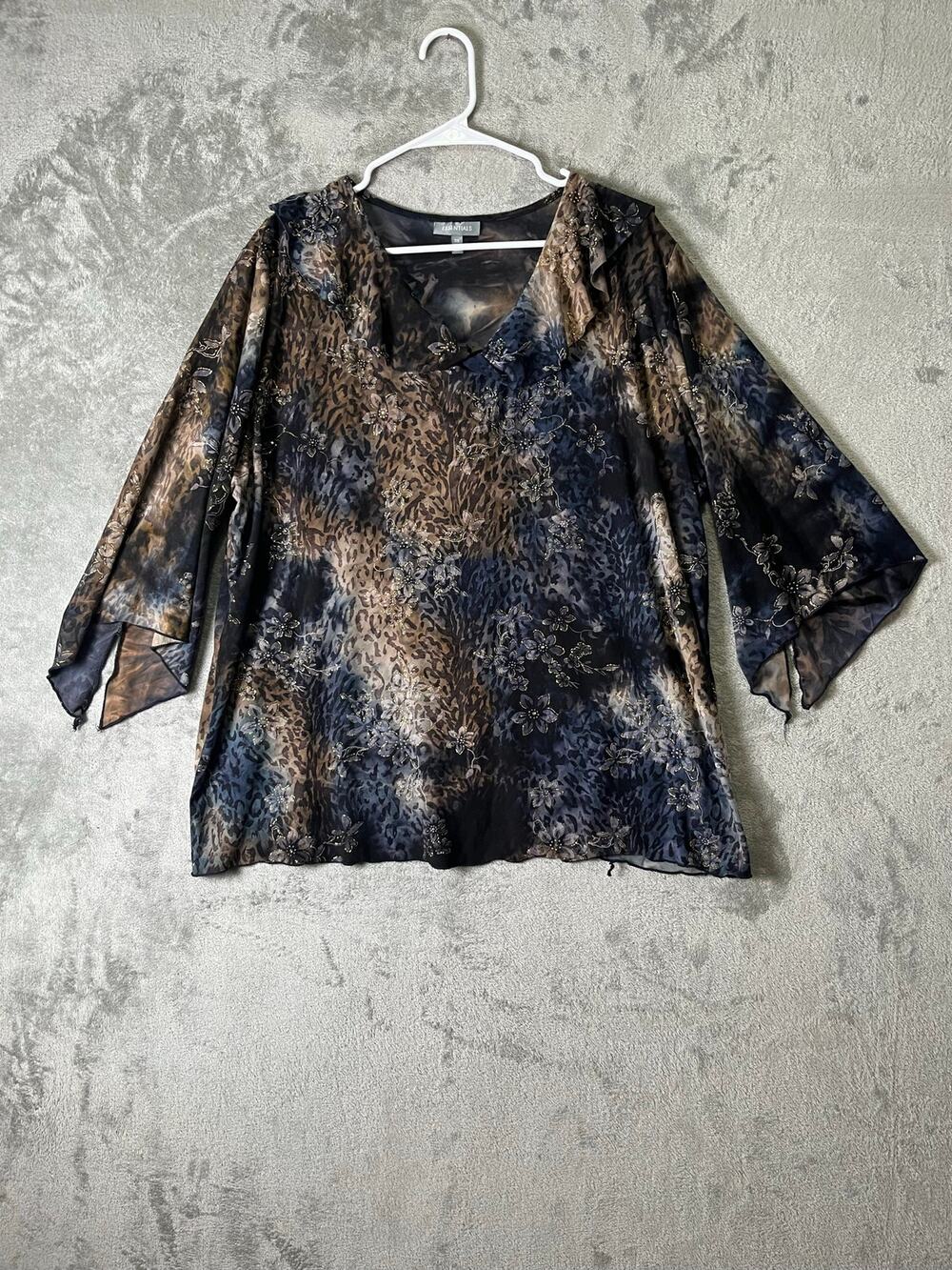Vintage Y2K Sheer Floral Leopard Print Blouse Bell Sleeve Fairy Grunge Size 3X